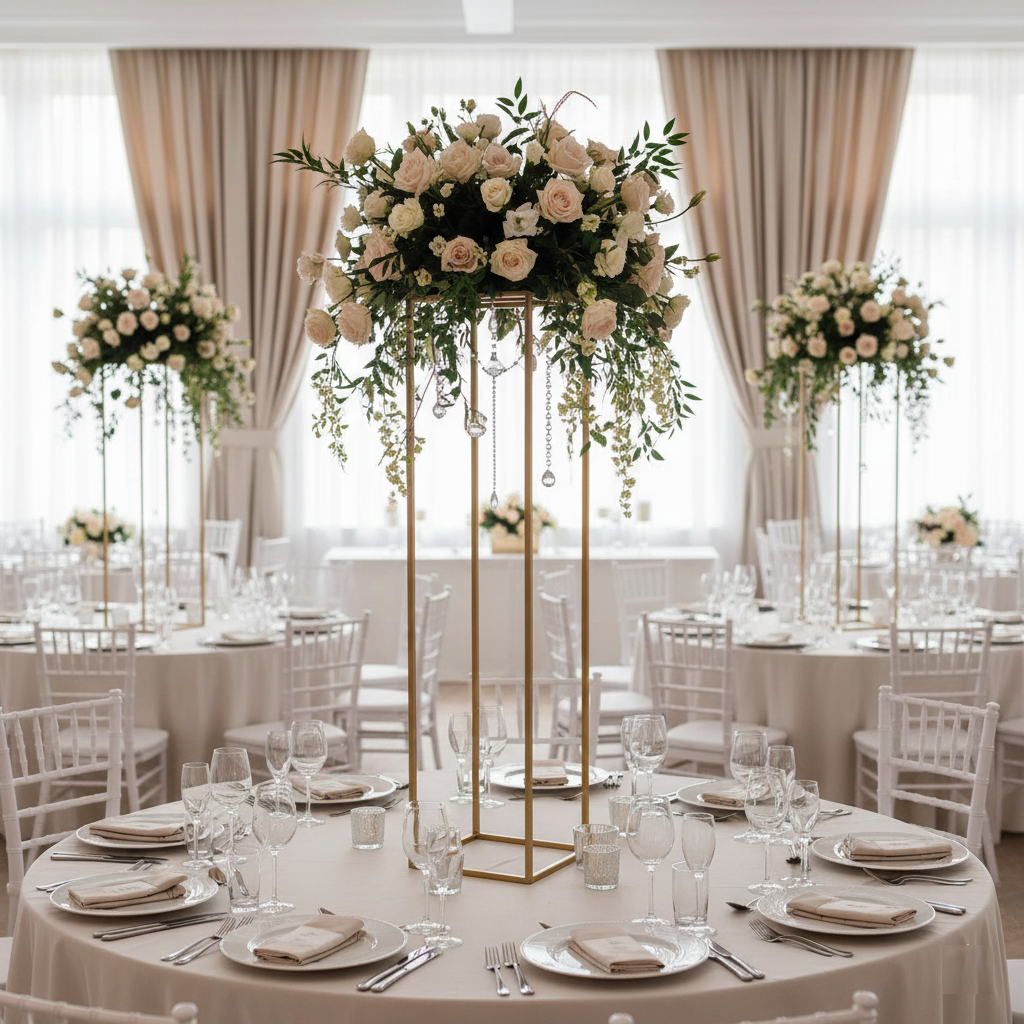 Suport metalic auriu pentru aranjamente florale suspendate la mesele de nunta - Decoratiuni premium PIM MOOD Events